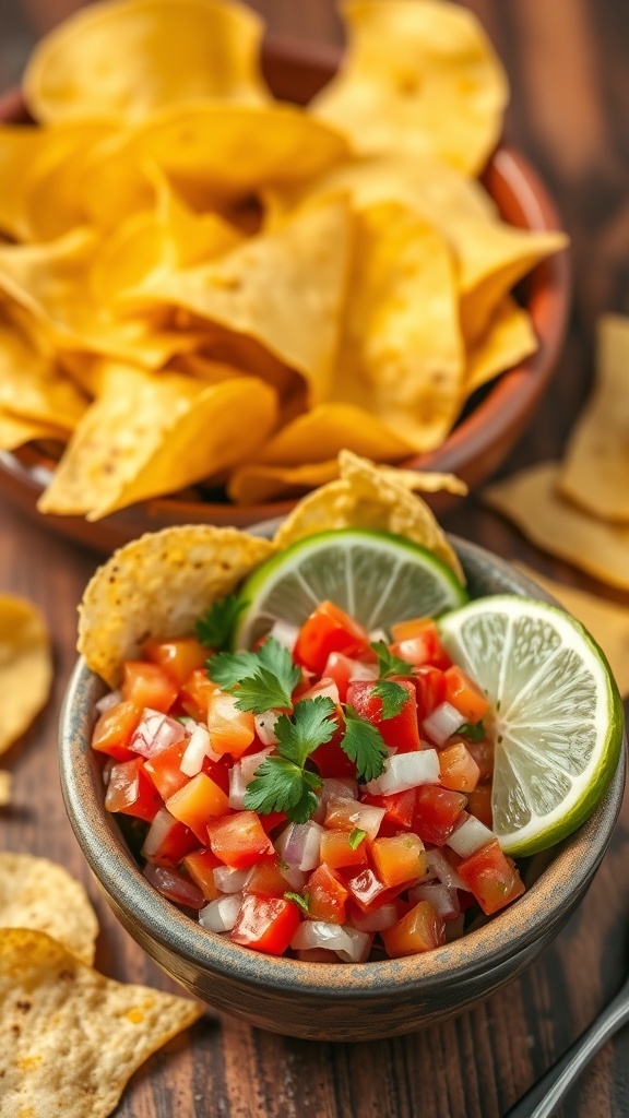 Homemade tortilla chips with fresh salsa on a rustic table.